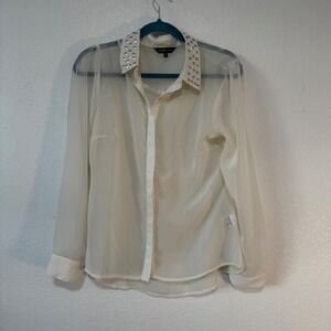 COSMO‎ & CO Sheer Embellished Collar Button Up Blouse Cream EG